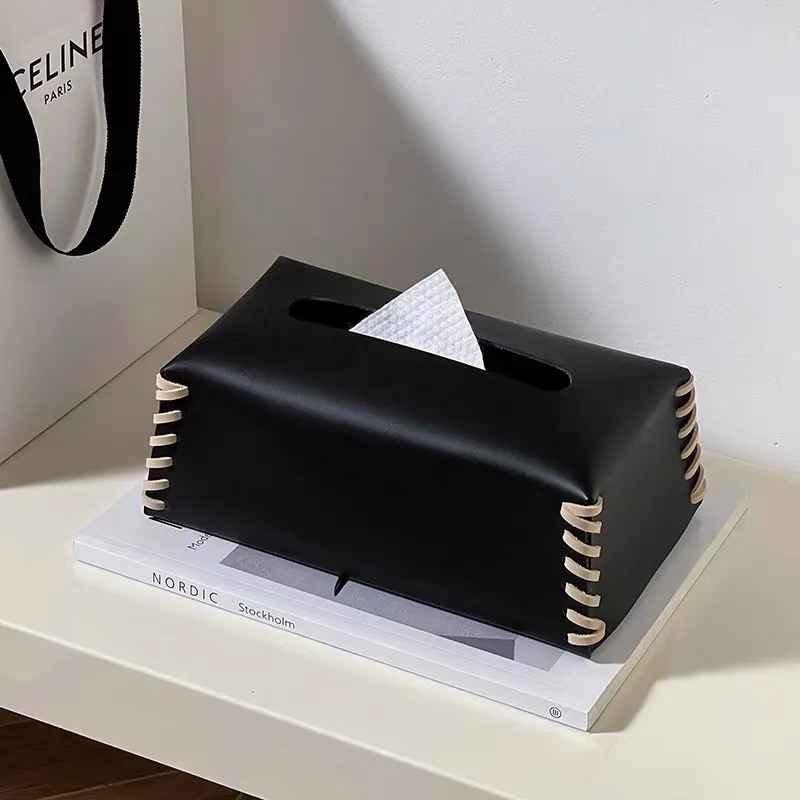縫線皮革面紙盒 霧黑色